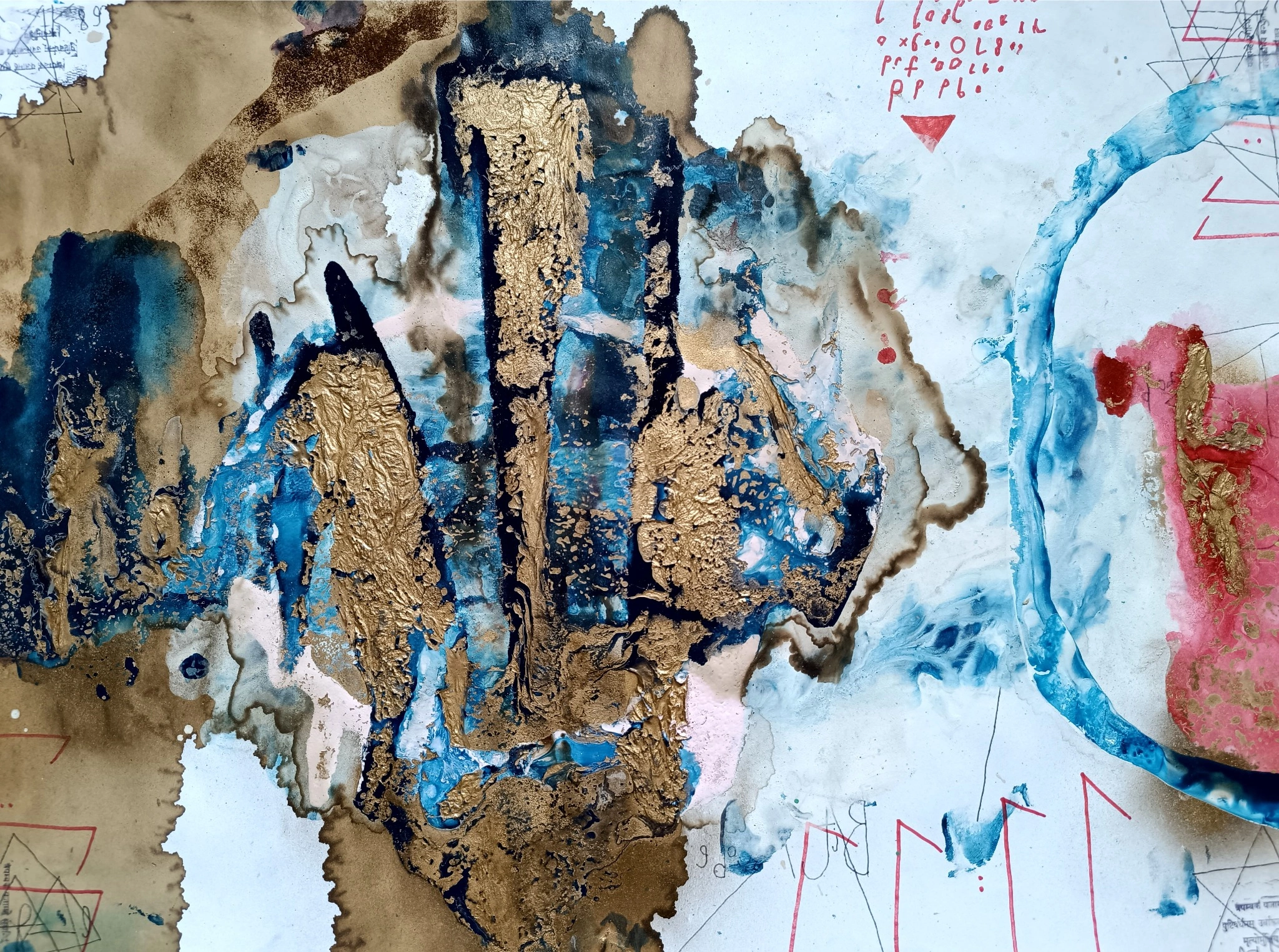 Blue and gold layered forms with inscriptions on paper