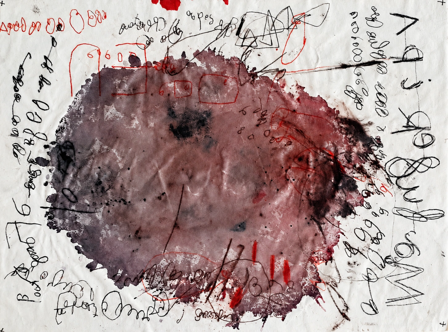Burgundy and charcoal wash surrounded by handwritten black and red marks on a pale canvas
