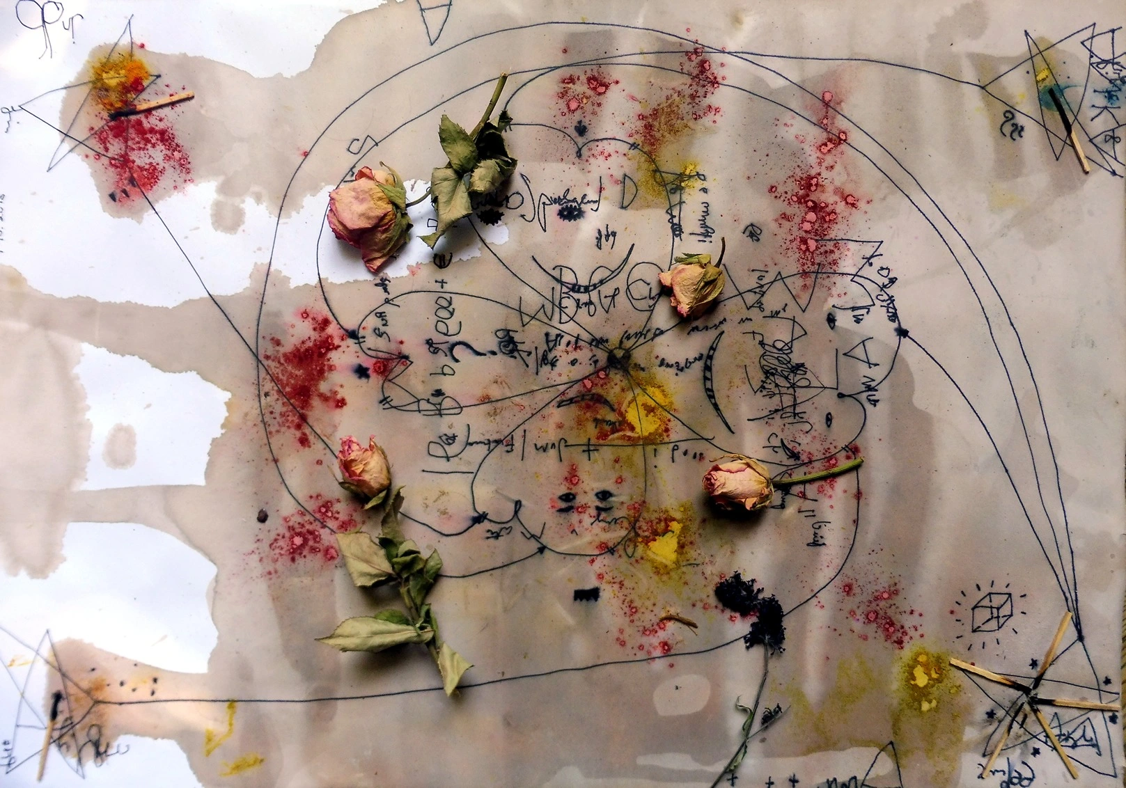 A suspended arrangement of small objects and handwritten marks