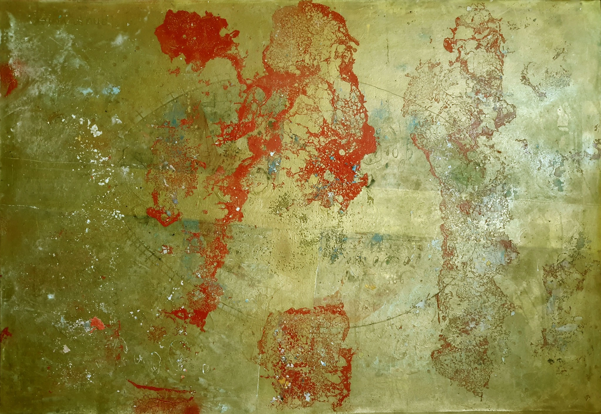 Horizontal green and ochre canvas with red traces