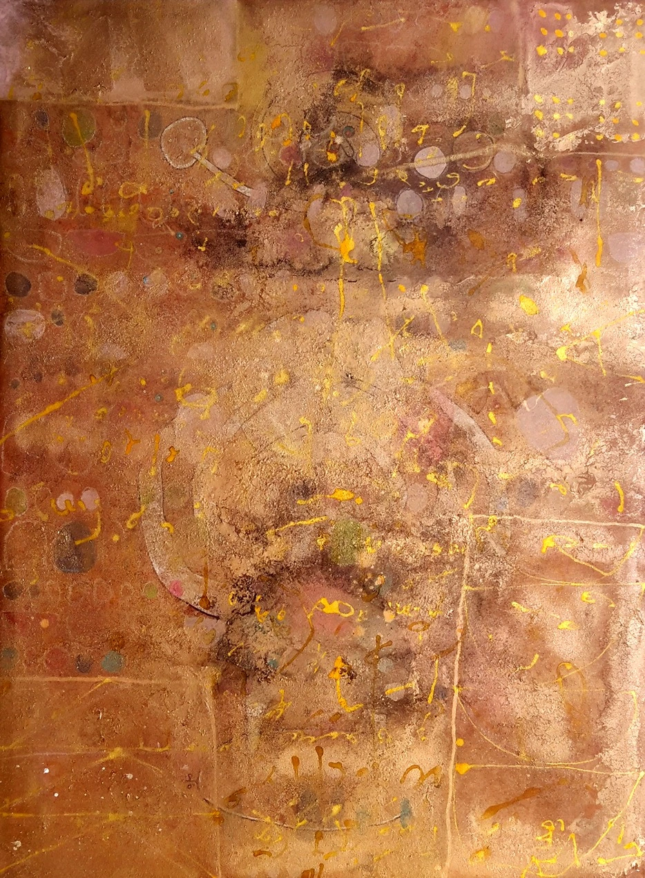 Warm ochre and gold canvas with inscriptions