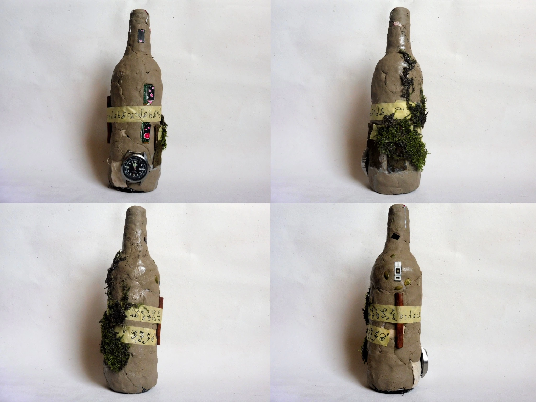 Four photographic views of a bottle encased in clay with embedded objects