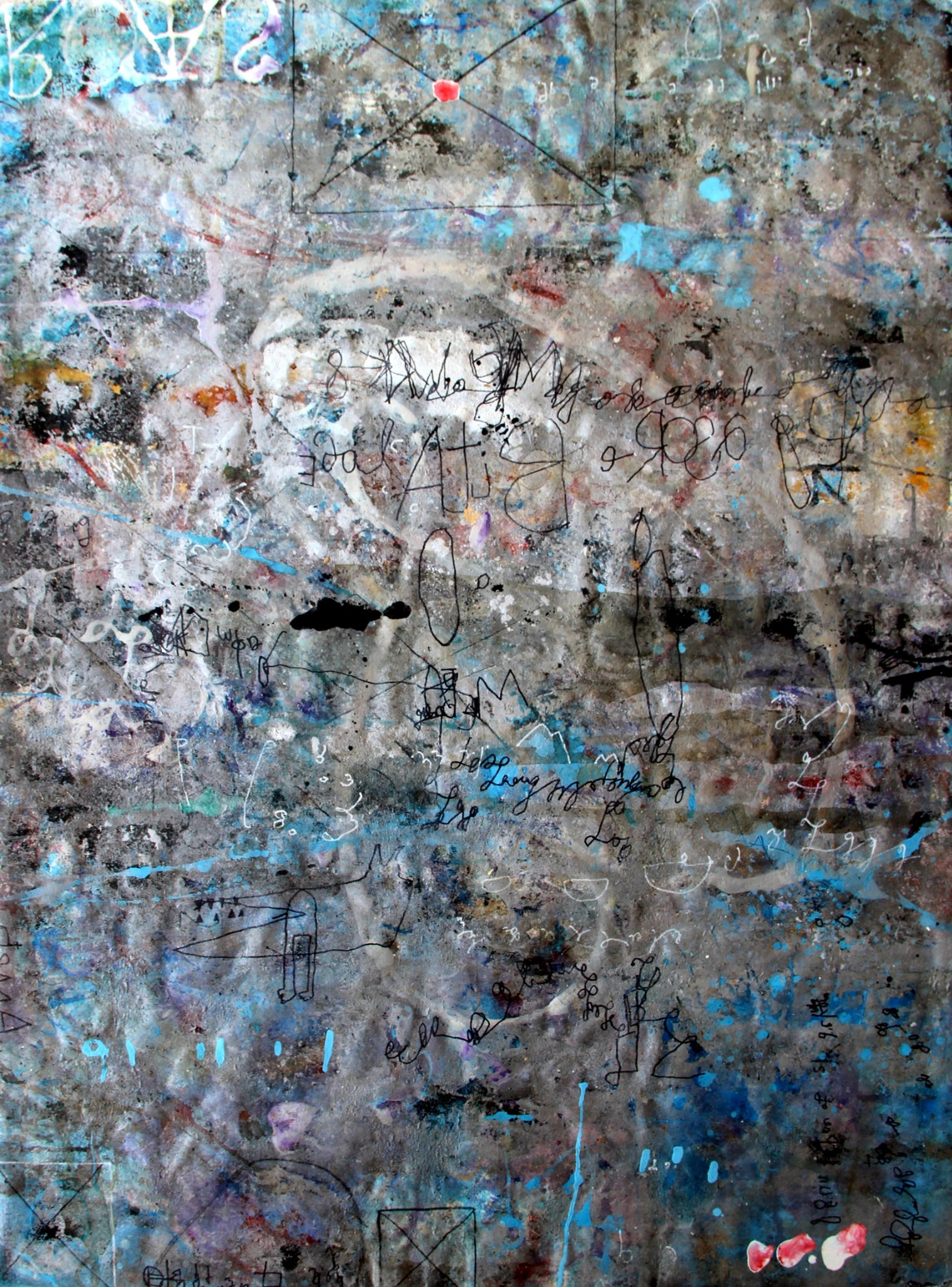 Vertical painting with blue inscriptions and layered grey-brown marks