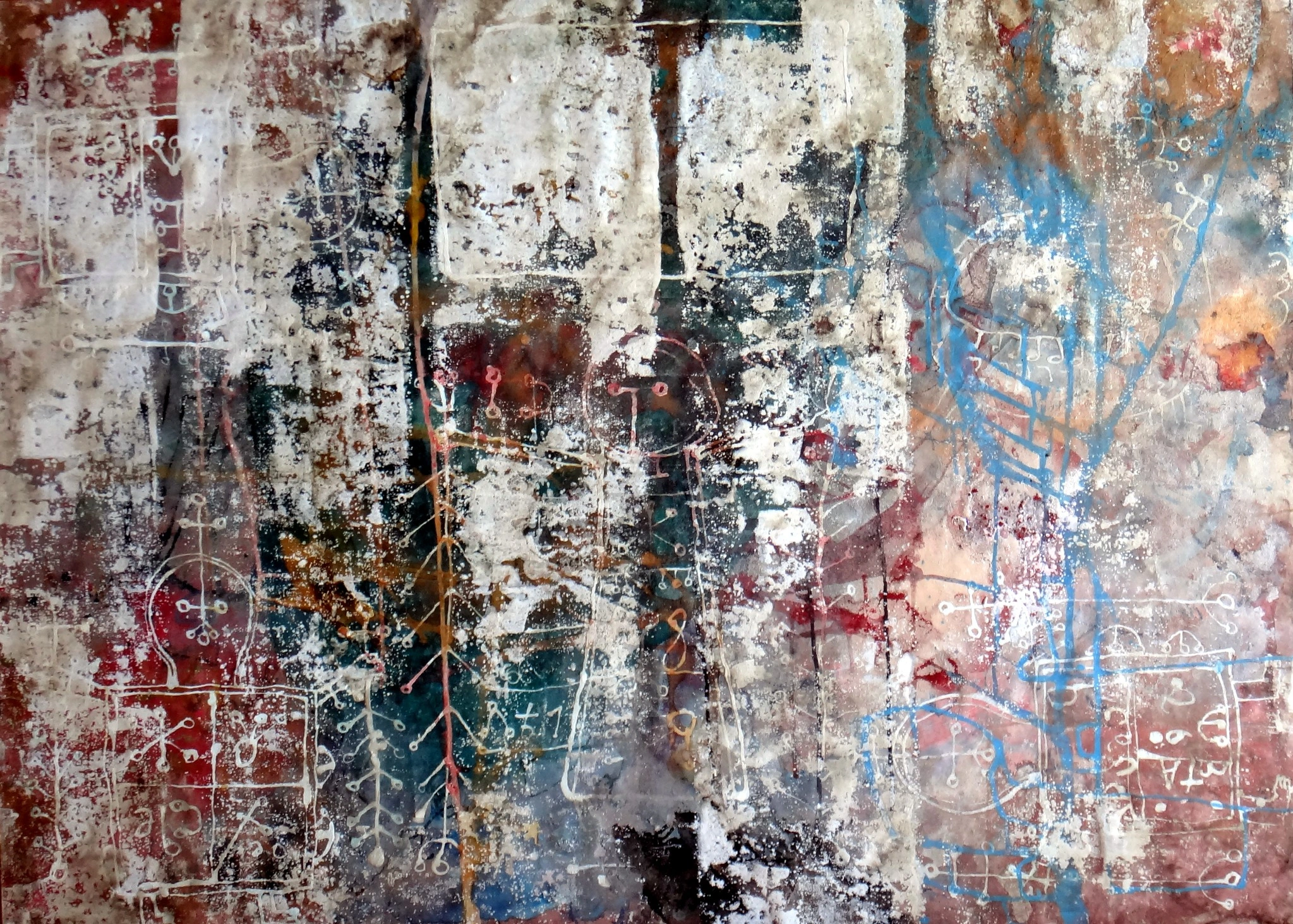 White, blue and reddish stratified canvas with dense inscriptions
