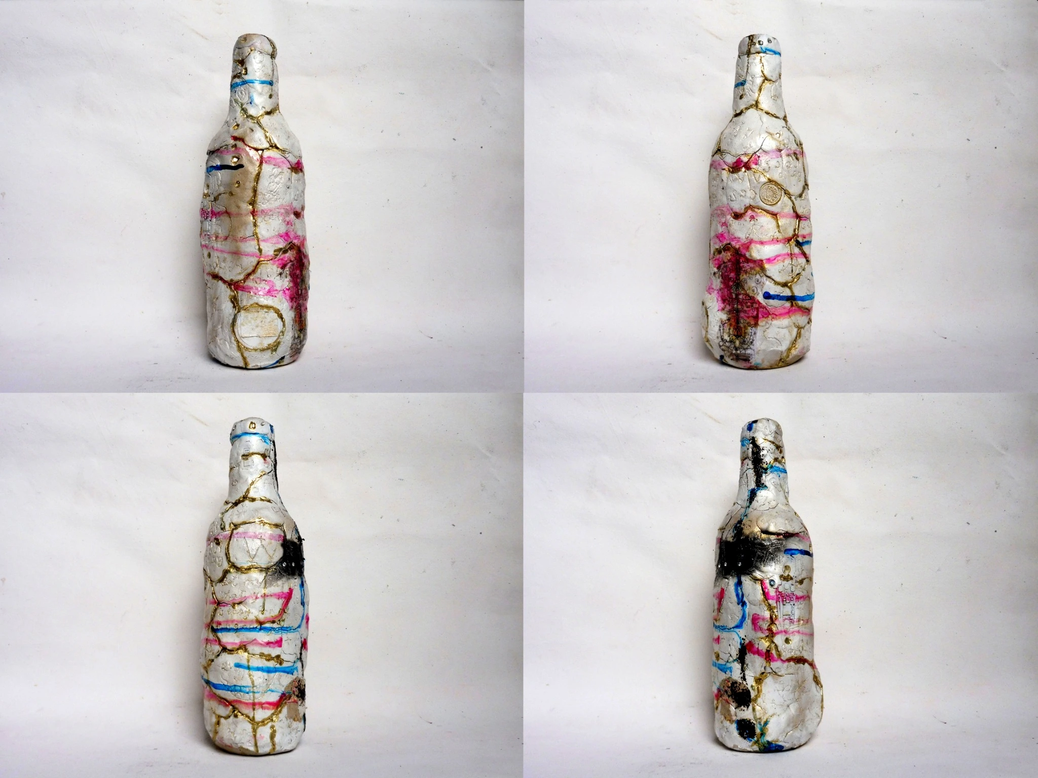 Four photographic views of the layered, painted wine vessel