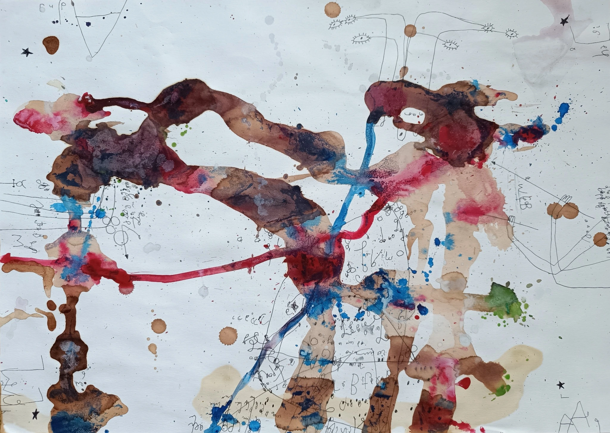 Red and brown organic forms with blue lines and hanging elements