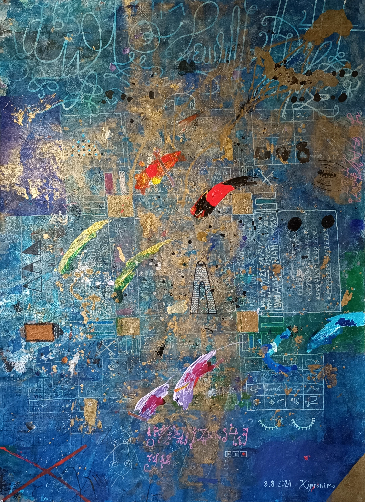 Blue canvas with gold inscriptions and small flashes of vivid colour