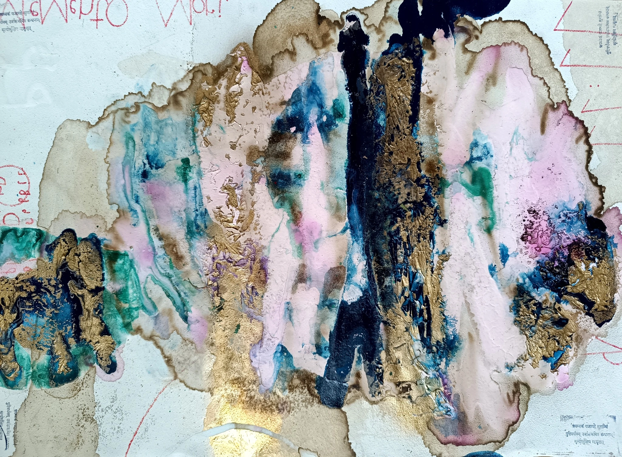 Blue, gold and pink forms with handwritten marks on paper