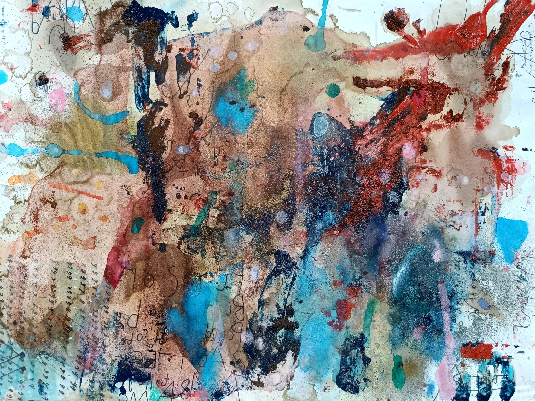 Dense turquoise, rust and brown marks on paper
