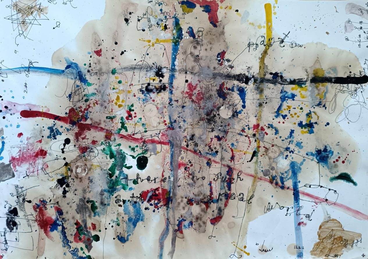 Marks, inscriptions and coloured washes on an A3 sheet
