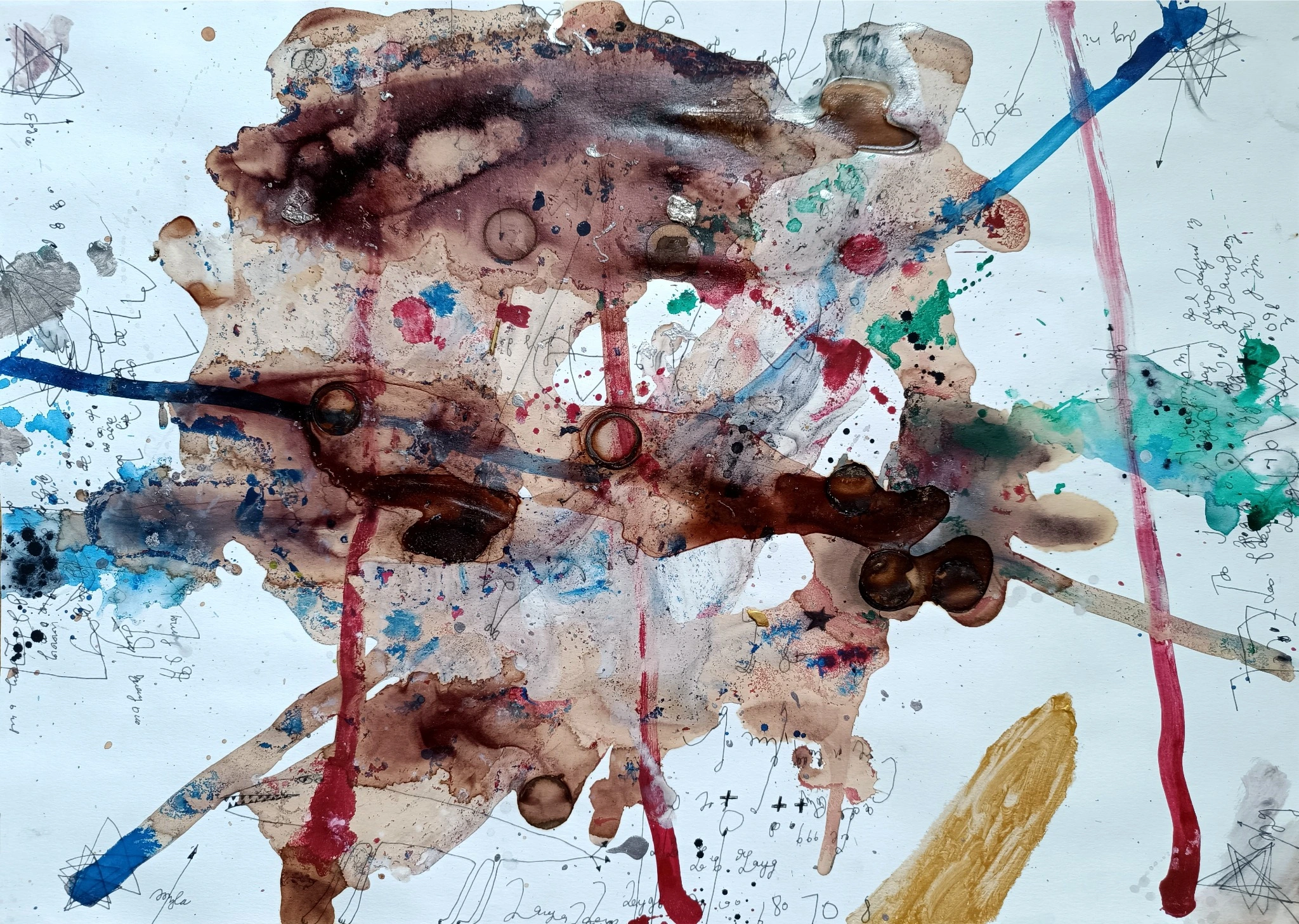 Layered brown forms, red stains and blue marks on paper