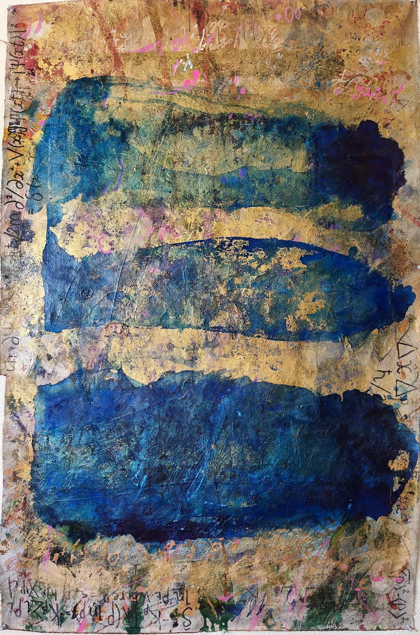 Vertical canvas with dark blue horizontal forms across a weathered pale ground