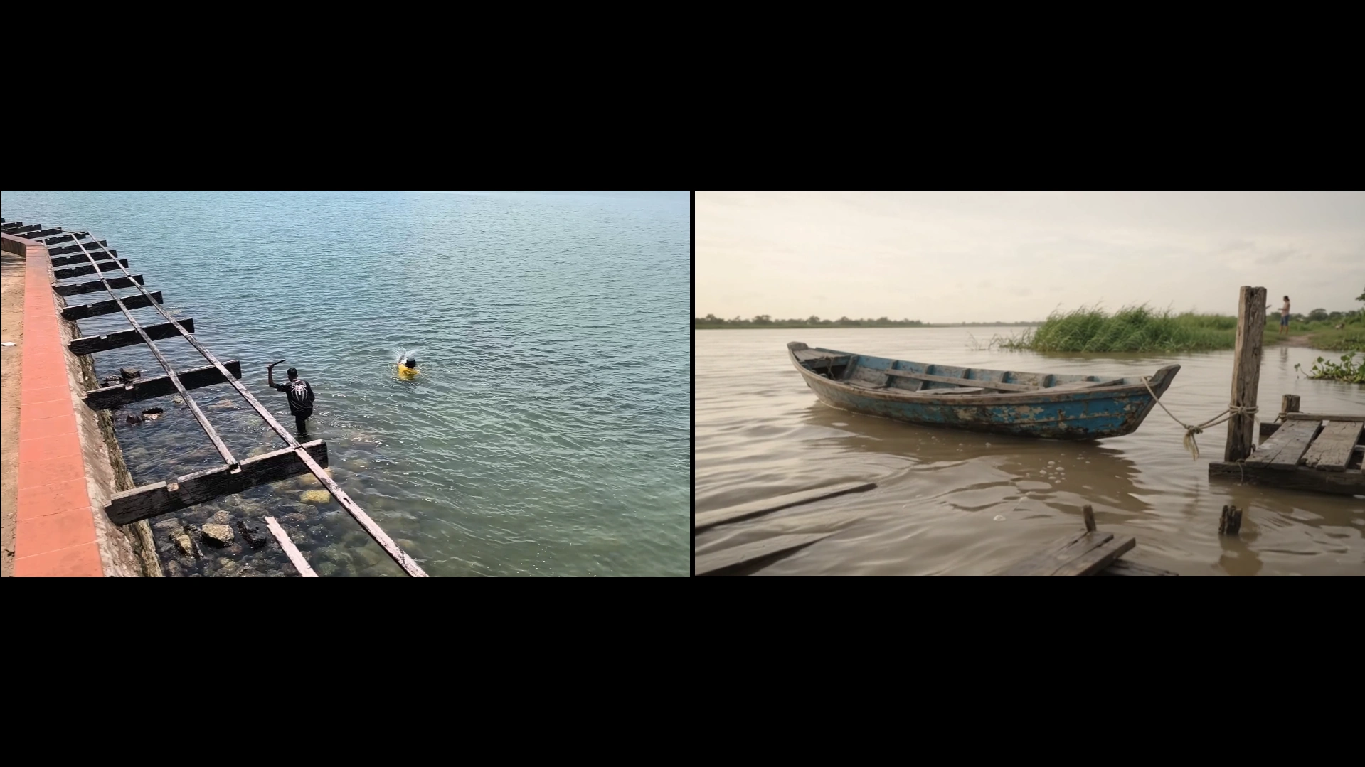 Supplied split scene: people in the sea beside a waterfront structure on the left; an AI-imagined boat tied to a post on the right