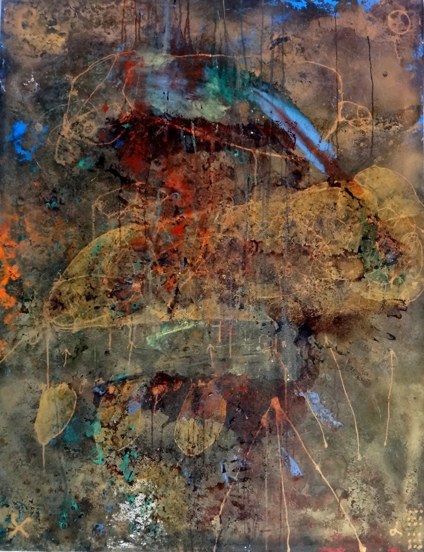 Dark, richly layered canvas with curved blue and red forms
