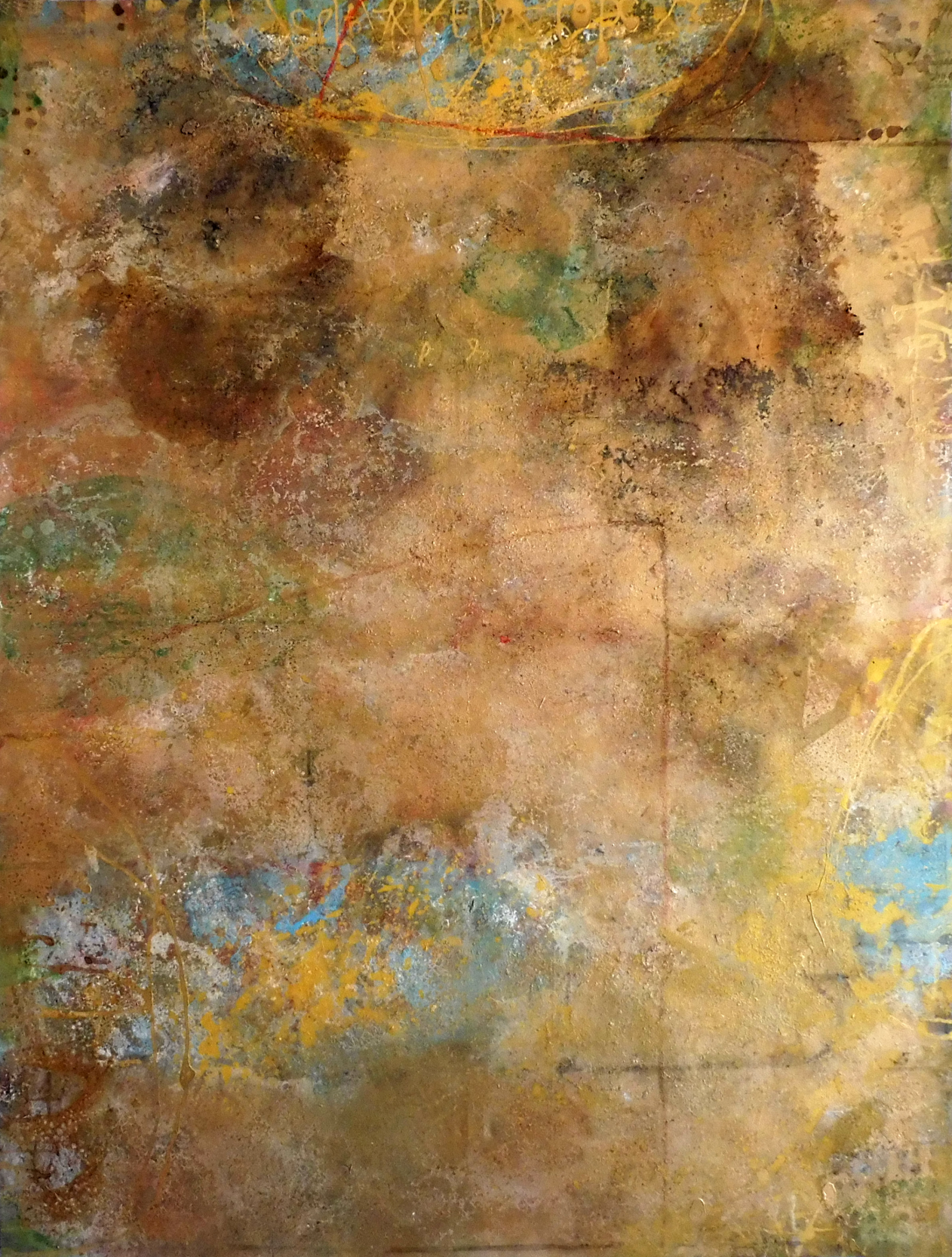 Golden brown painting with traces of colour and inscriptions